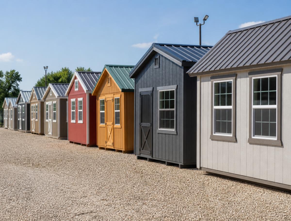 Row of portable storage buildings in several colors on a Texas sales lot